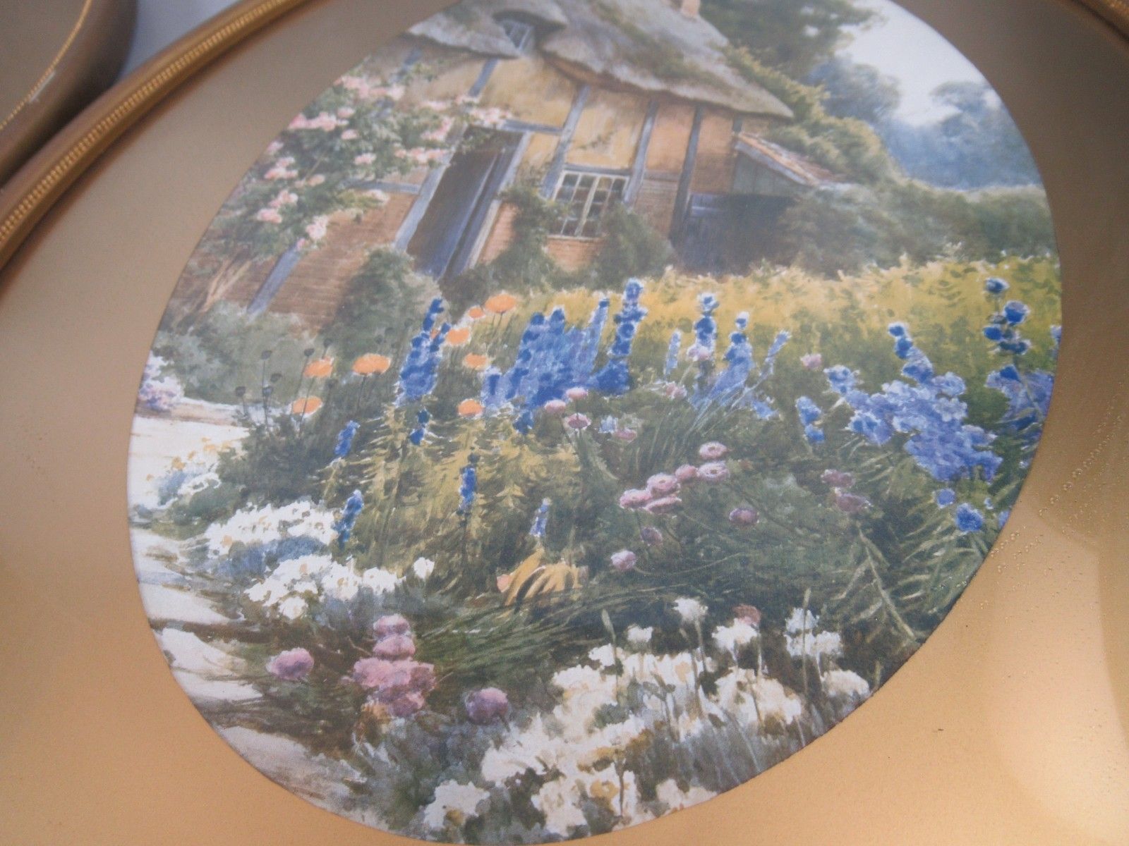 Vintage Framed Country Cottage Prints Gold Frame Oval Pair Country House Boots photo for sale
