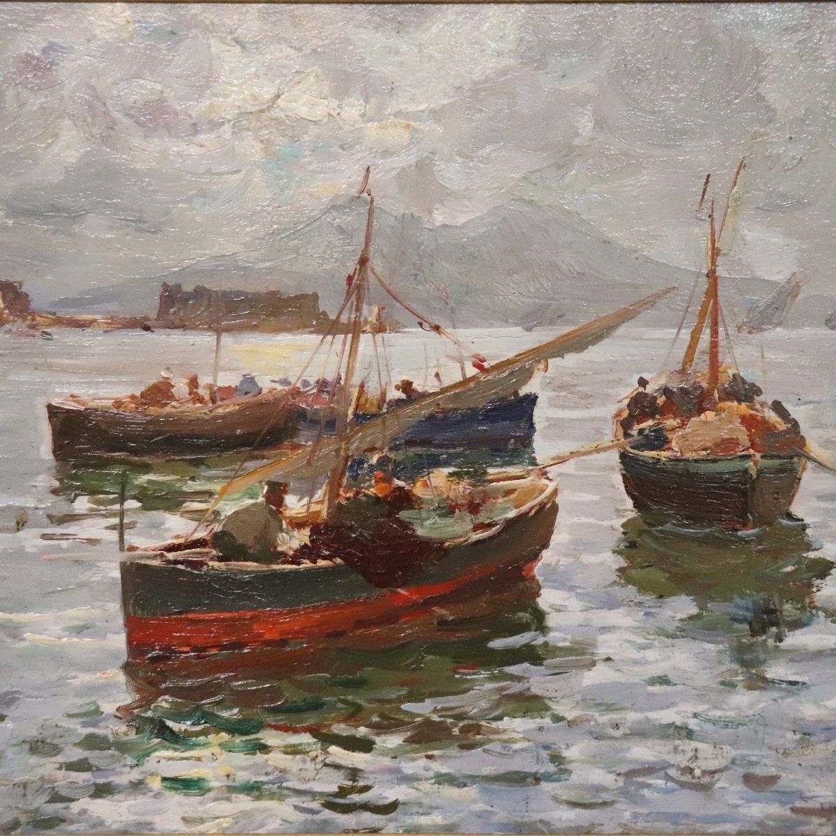 1186.0 R. Leone, Gulf Of Naples With Fishermen, Oil Painting On Board, Early 20th Century, Framed photo