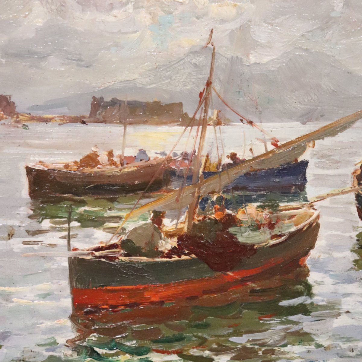 photo buy R. Leone, Gulf Of Naples With Fishermen, Oil Painting On Board, Early 20th Century, Framed