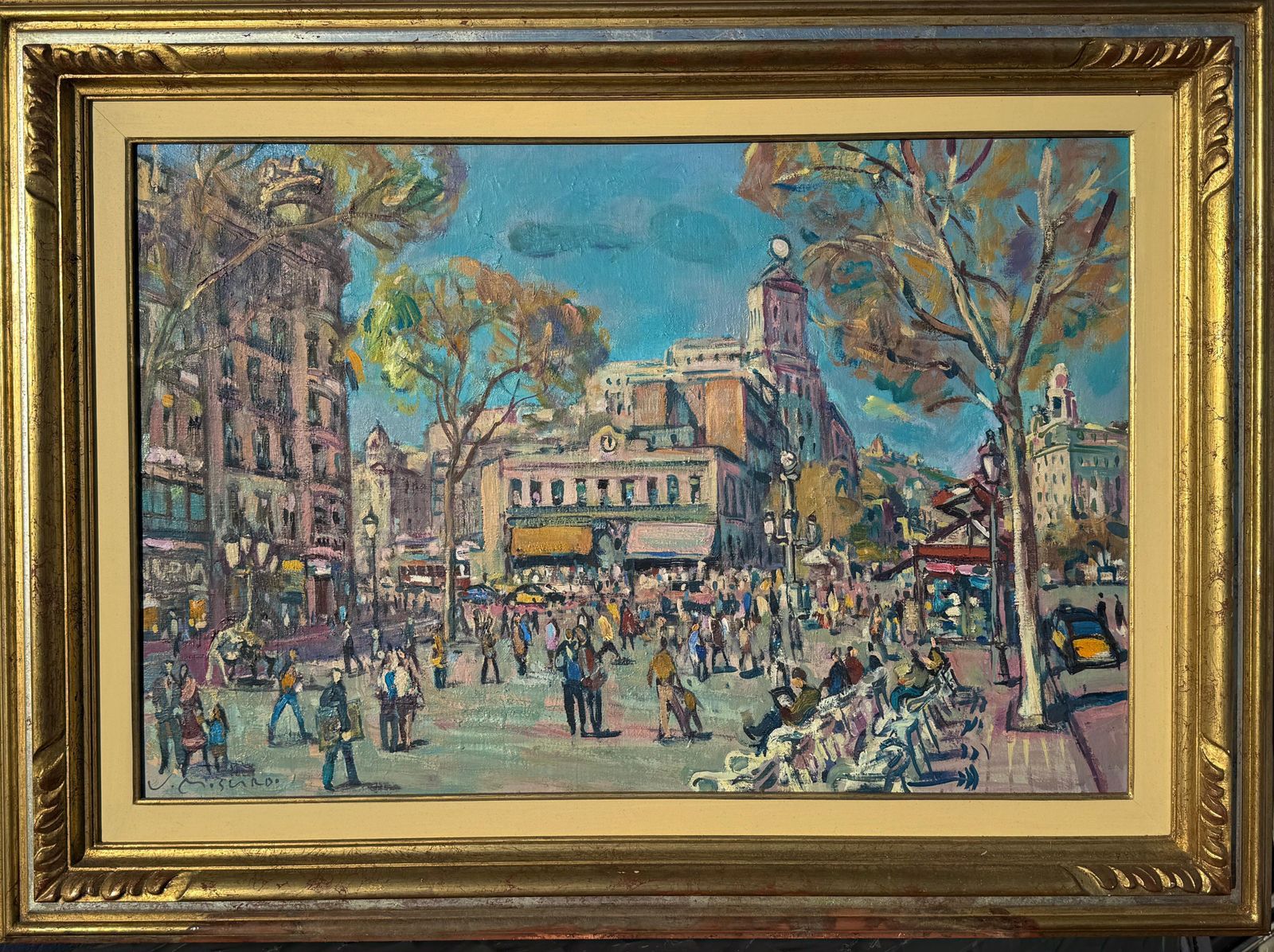 Josep Moscardo Las Ramblas Barcelona Oil On Canvas, Signed, 1990s, Framed C.1990 photo furniture
