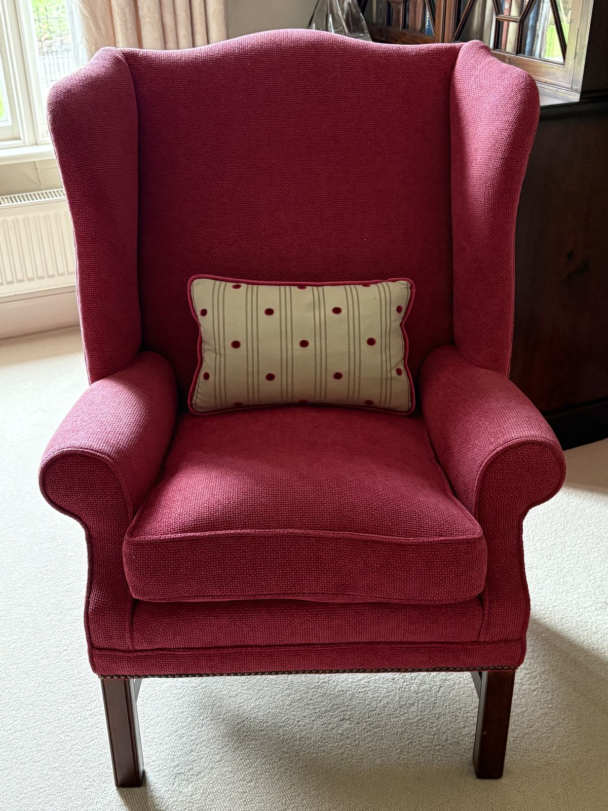Chenille Raspberry Pink Wing Chair. In Perfect Condition. Various Scatter Cushions In Similar Colours To Match. Available Separately.