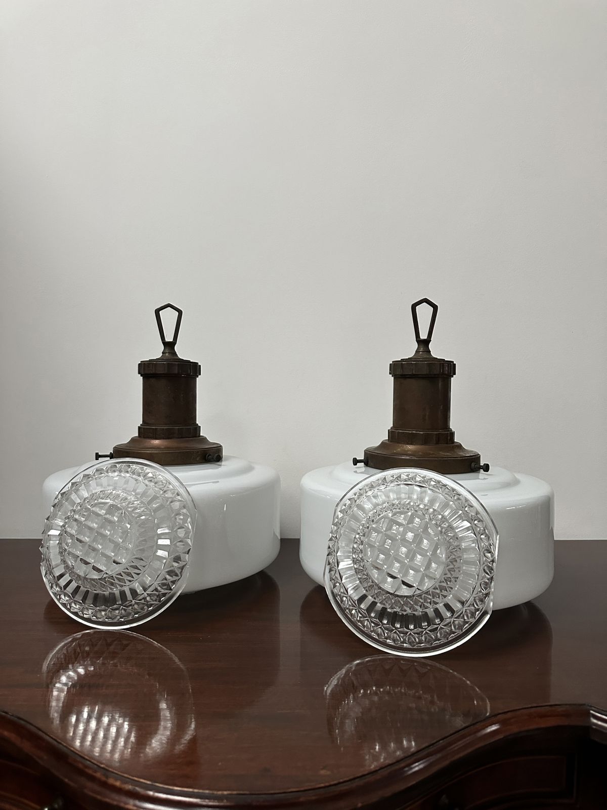 Pair Set Antique English Church Diffused Opaline Milk Glass Ceiiling Pendant Light Lamp By Morco photo buy