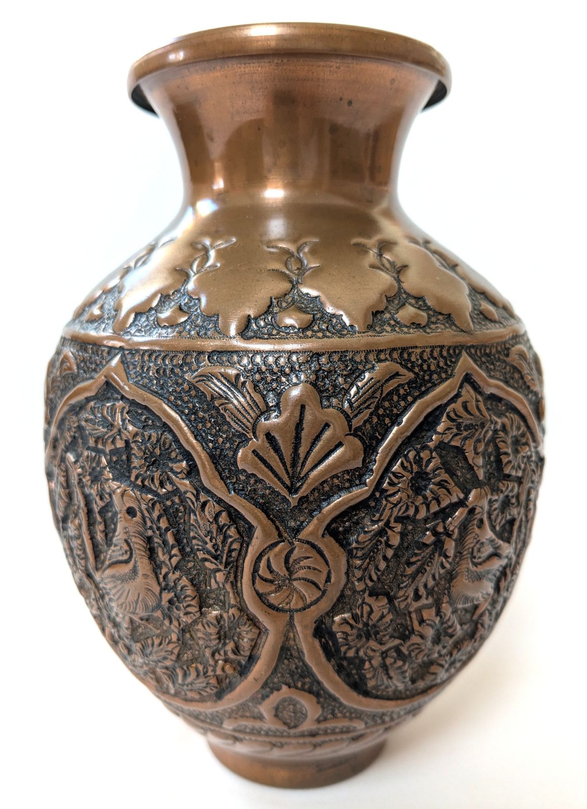 Antique Islamic Qajar Ghulamzani Carved Copper Vase photo vintage