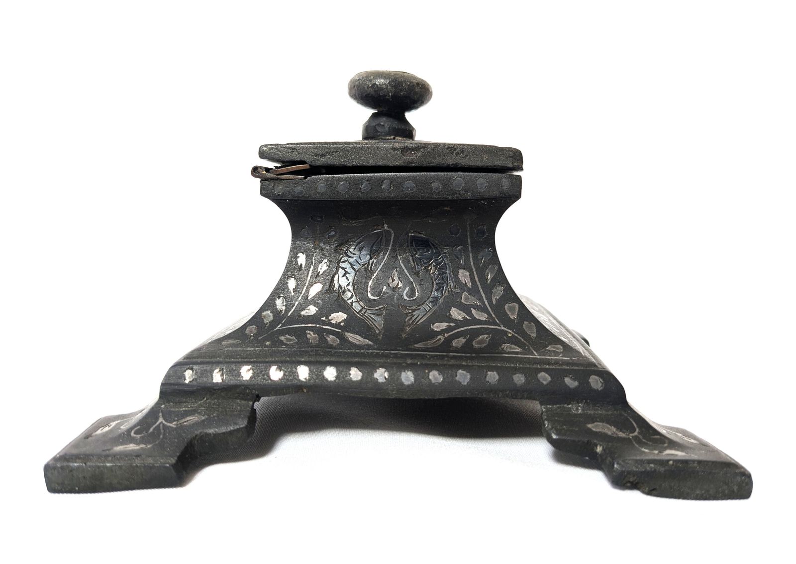 Antique Indian Lucknow Bidriware Sterling Silver Inlaid Decorated Inkwell photo 350.0