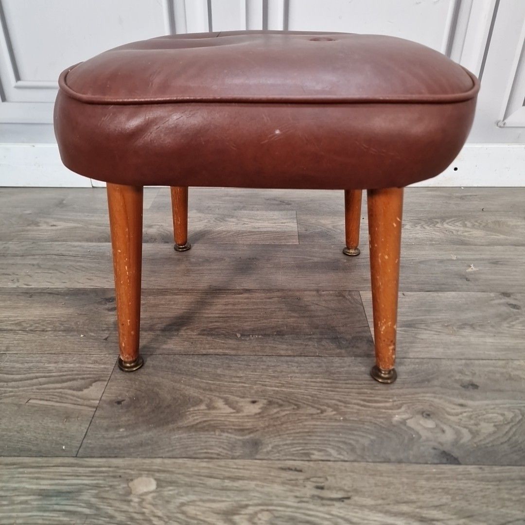 65.0 Vintage Vinyl Footstool Tapered Legs Mid Century Leather Effect Retro Stool photo