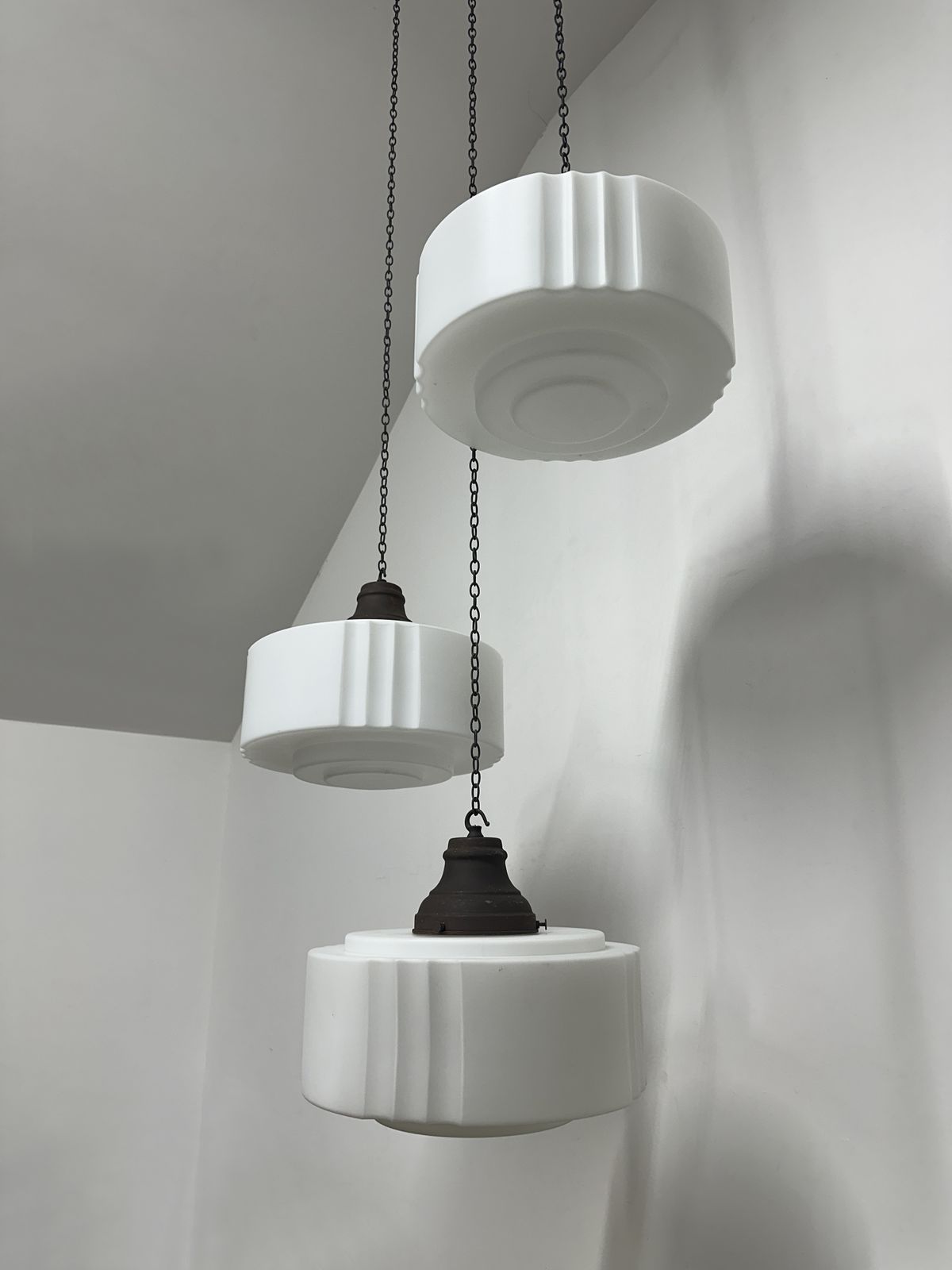 Run Set Large Antique Church Stepped Satin Opaline Milk Glass Ceiling Pendant Light Lamp photo for sale