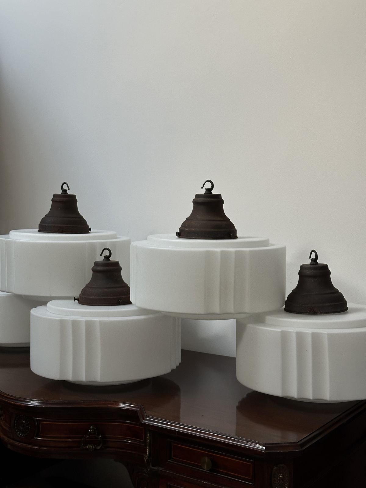 Run Set Large Antique Church Stepped Satin Opaline Milk Glass Ceiling Pendant Light Lamp photo buy