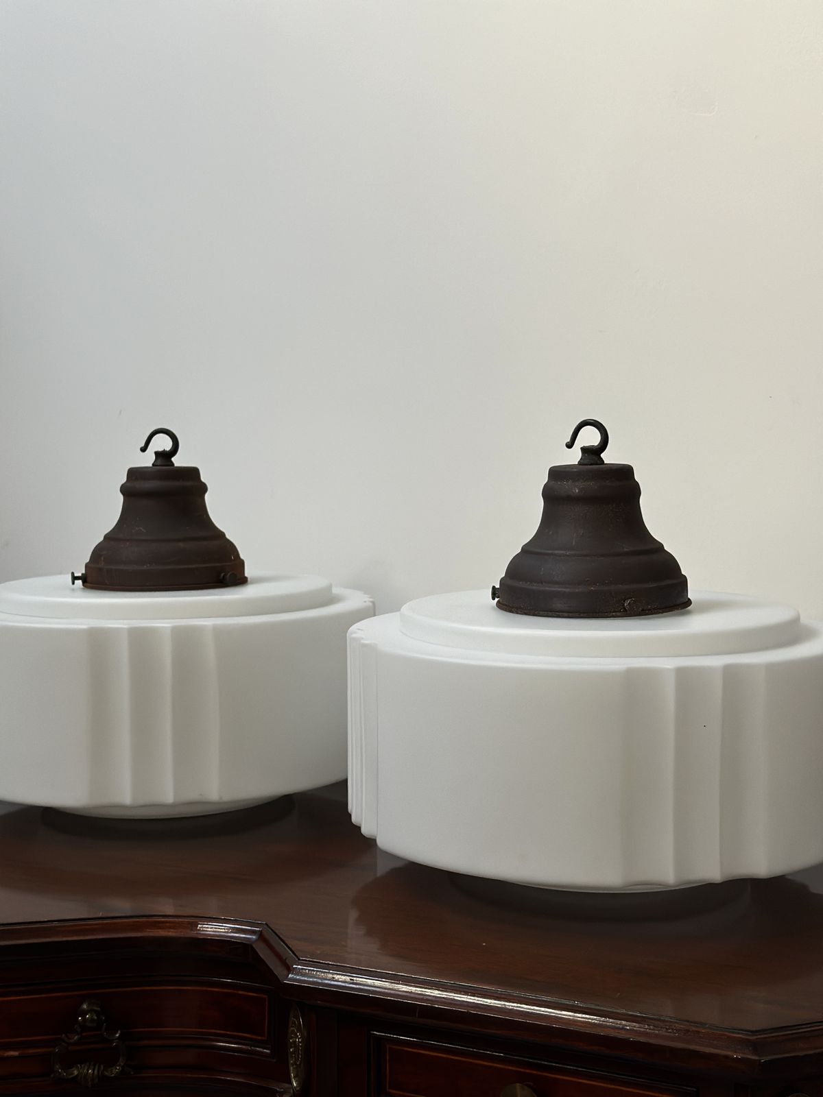 Run Set Large Antique Church Stepped Satin Opaline Milk Glass Ceiling Pendant Light Lamp photo vintage