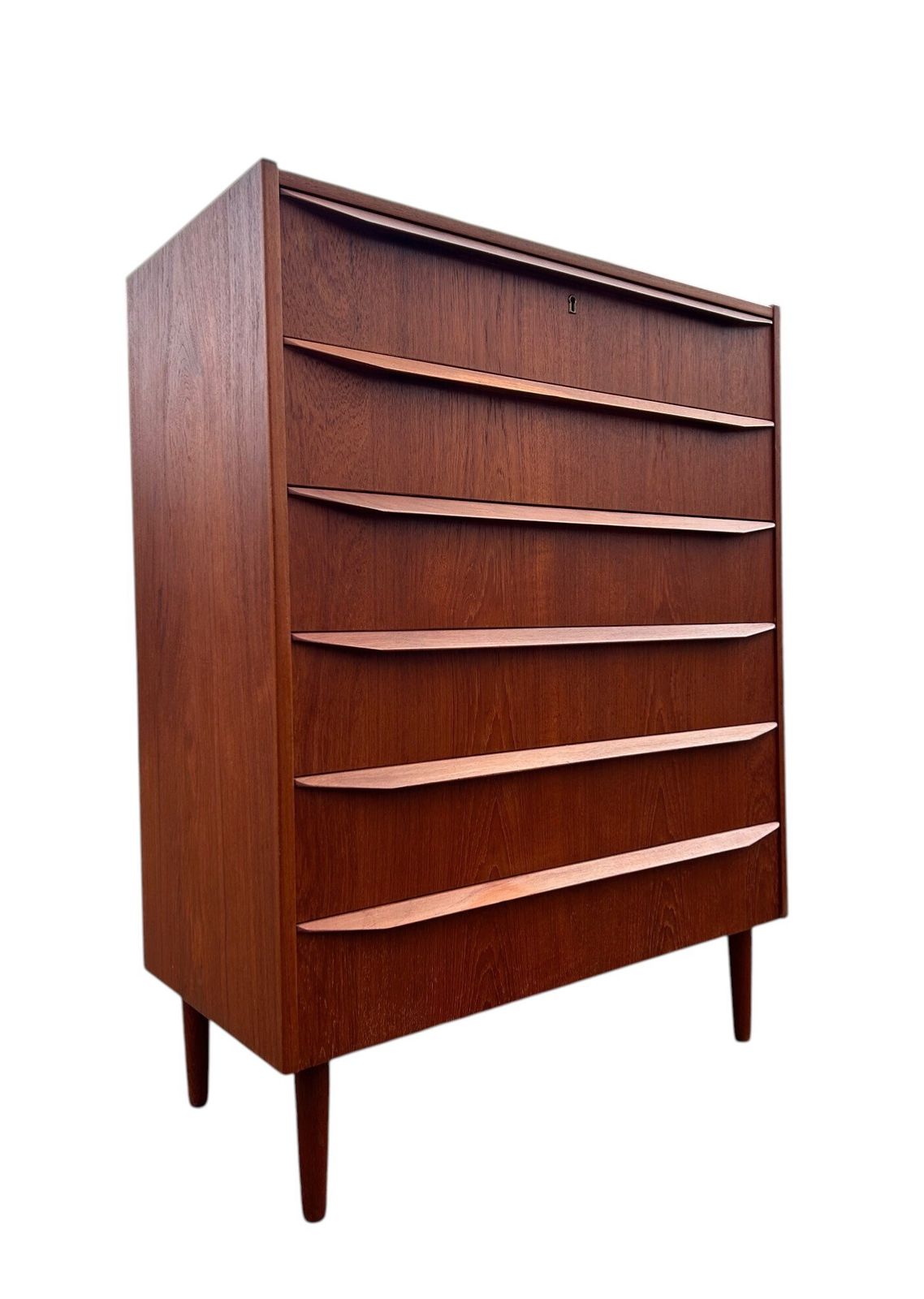 Danish Teak Chest Of Drawers Scalloped Handles Mid Century Tallboy 1960s photo furniture