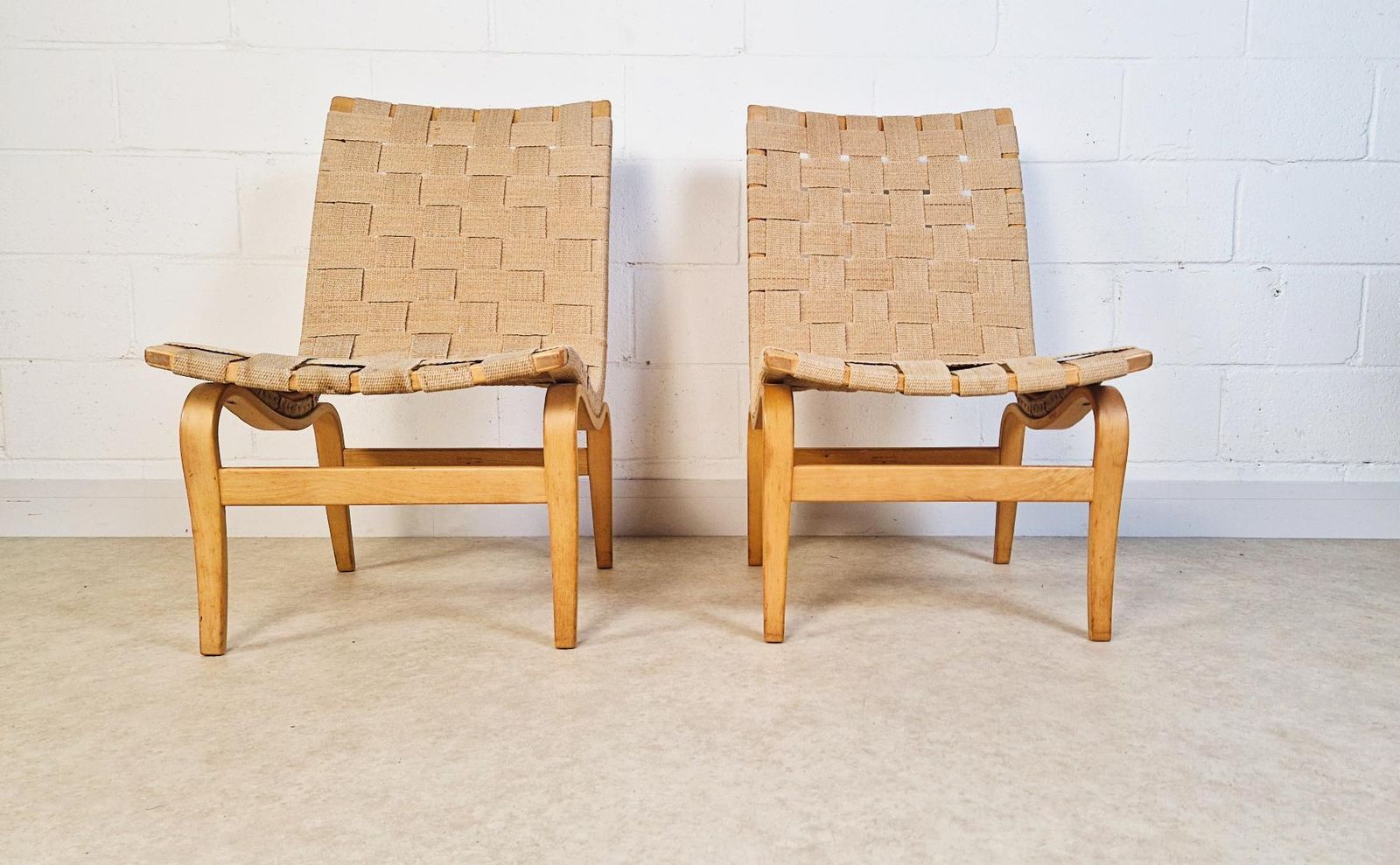 Bruno Matheson 'Eva' Vintage 1950s Mid Century Swedish Birch & Hemp Weave Lounge Accent Chairs Pg004 photo furniture