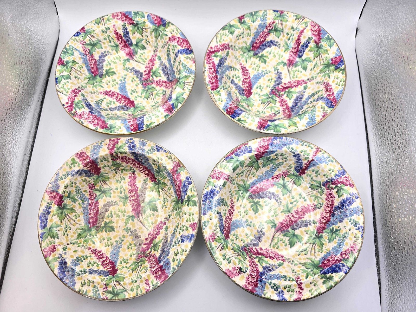 Home Decor Vintage Grimwades Royal Winton Ivory Delphinium Chintz Dishes   1x Serving Bowl, 4x Small Bowls photo