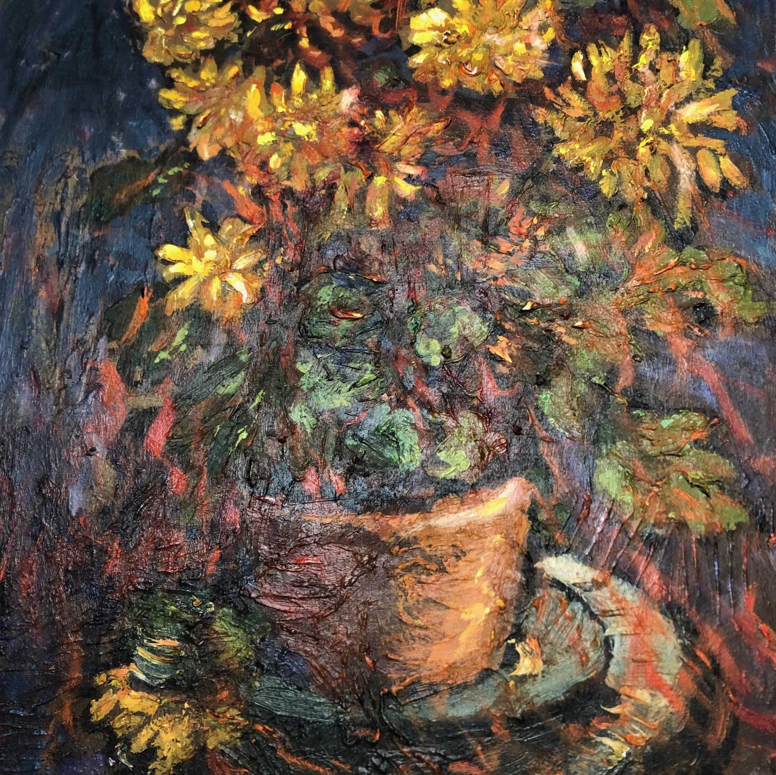 Original Mid Century Oil Painting: Yellow Chrysanthemums In Terracotta Pot photo for sale