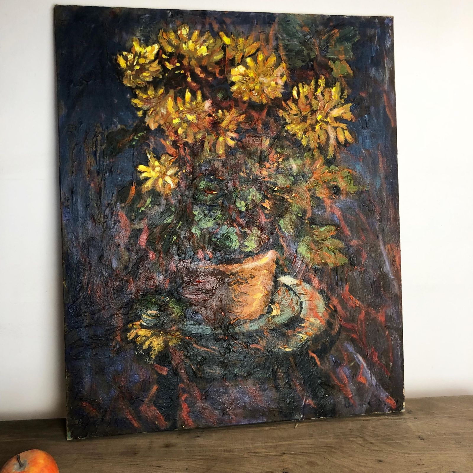 photo for sale Original Mid Century Oil Painting: Yellow Chrysanthemums In Terracotta Pot