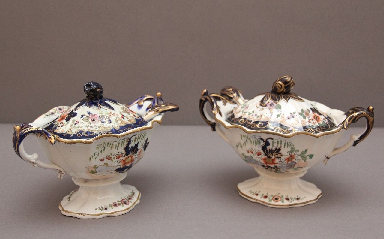 Pair 19th Century Masons Ironstone Sauce Tureens With Ladles