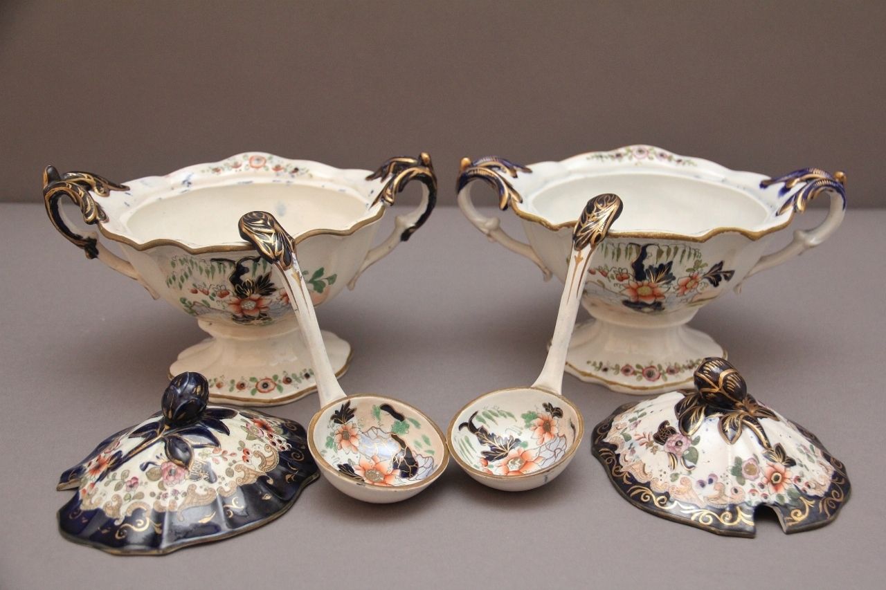 Pair 19th Century Masons Ironstone Sauce Tureens With Ladles photo 580.0