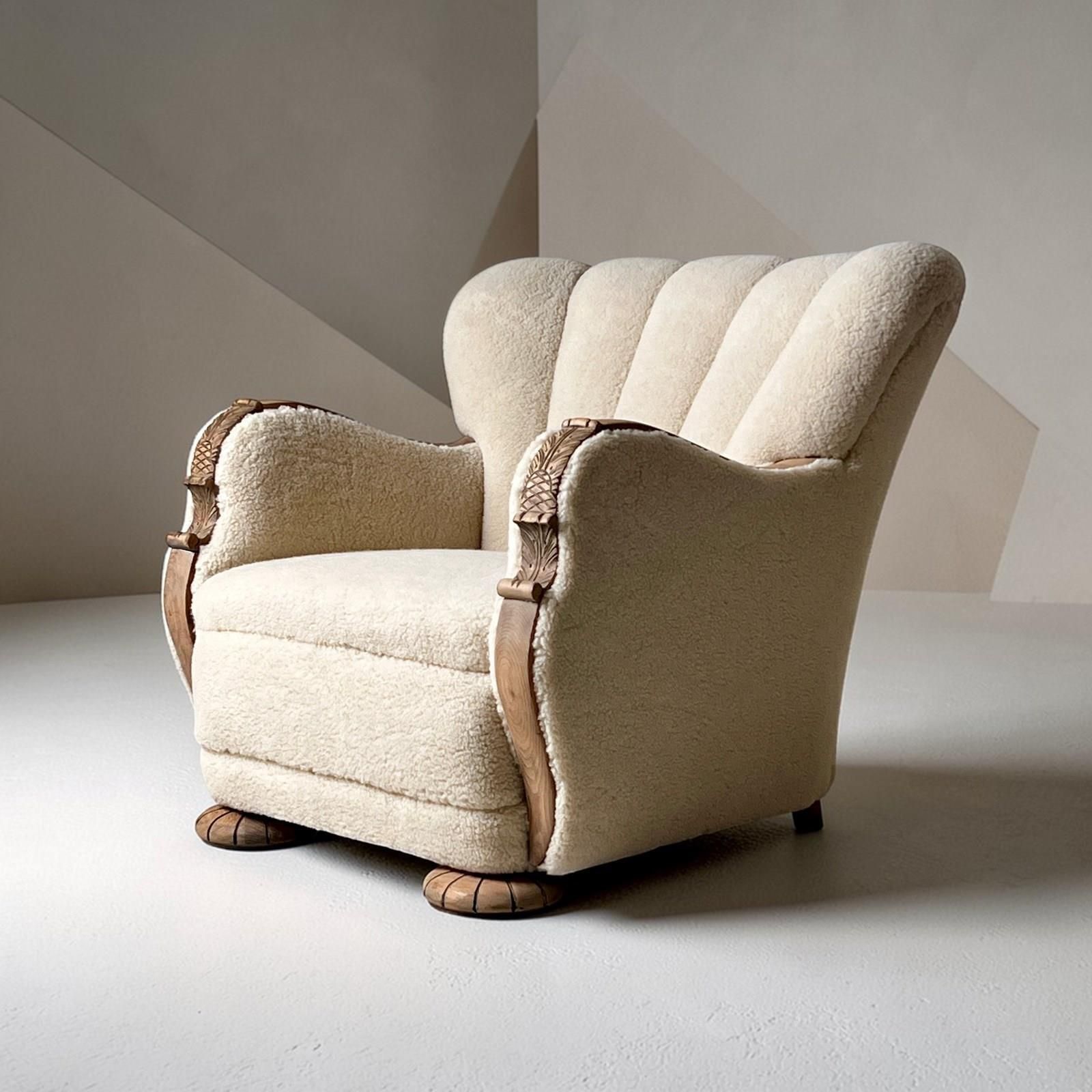 Pair Of Danish Art Deco Scallop Back Armchairs, Upholstered In Sherpa Wool photo furniture