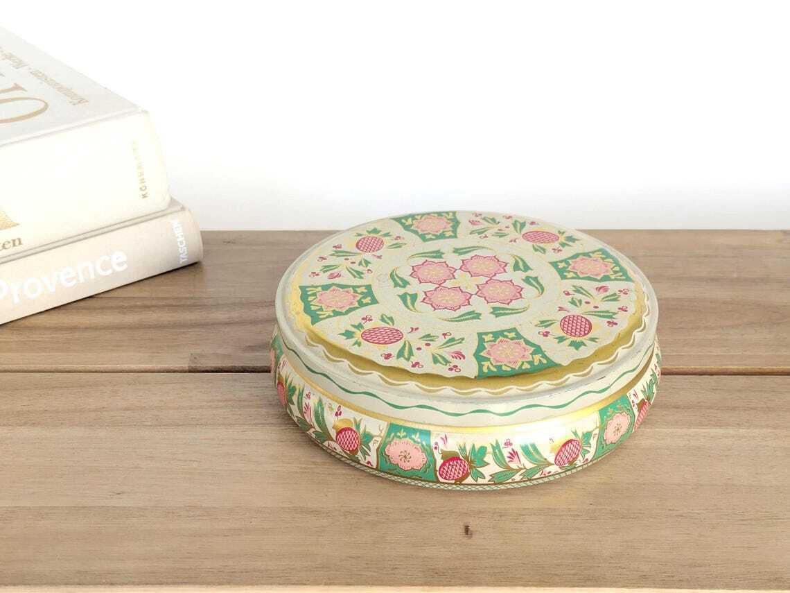 Vintage Midcentury Round Tin Box With Lid, Pastel Botanical Design With Gold Accents photo furniture