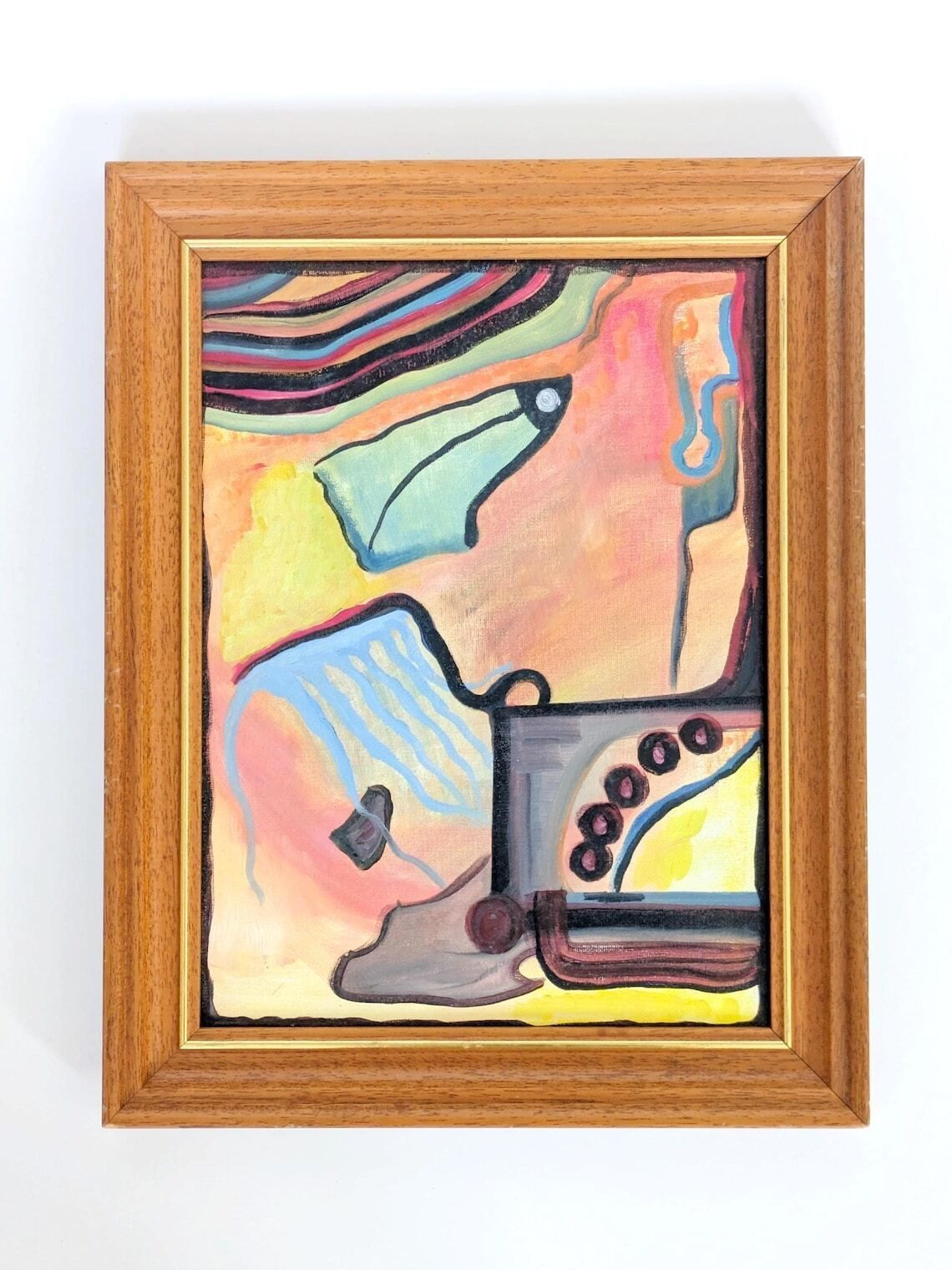 Vintage Abstract Oil Painting On Canvas, Surrealist Inspired Composition In Wooden Frame