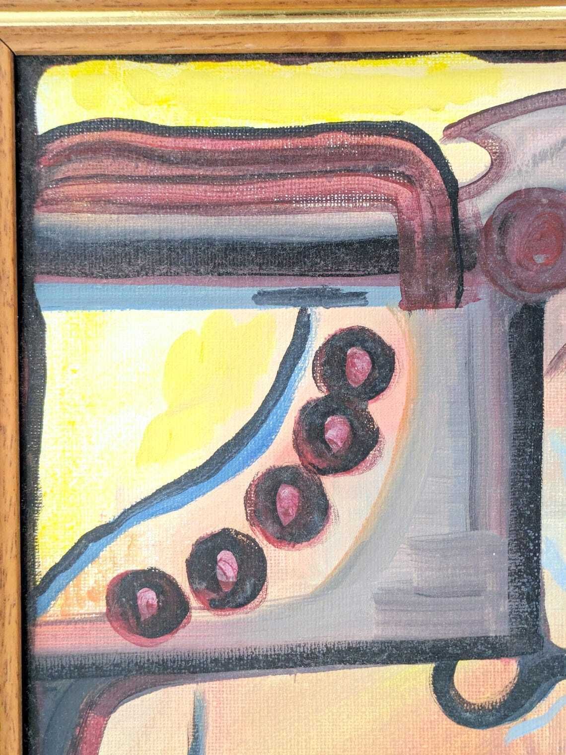 Vintage Abstract Oil Painting On Canvas, Surrealist Inspired Composition In Wooden Frame photo buy