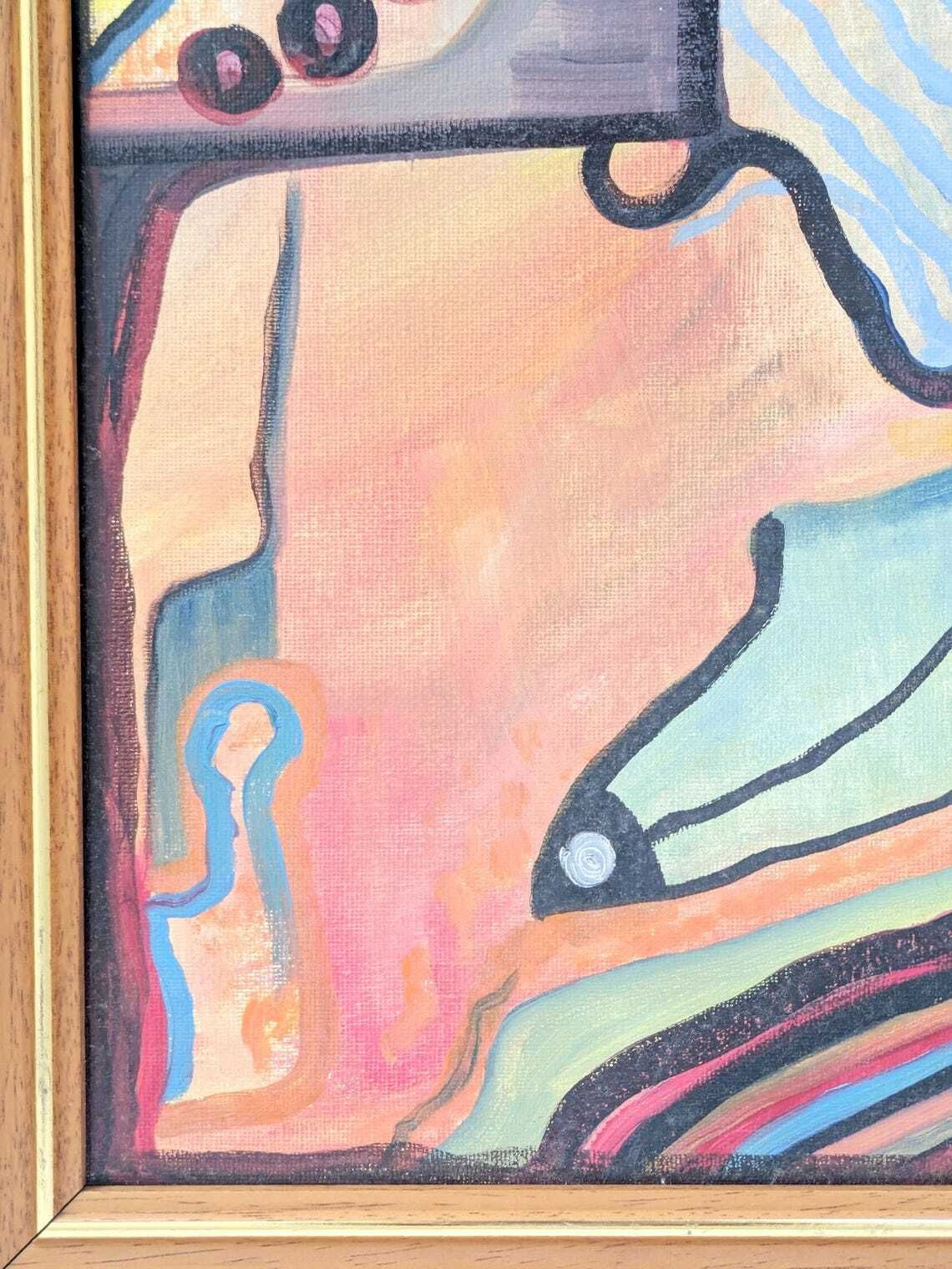 photo for sale Vintage Abstract Oil Painting On Canvas, Surrealist Inspired Composition In Wooden Frame