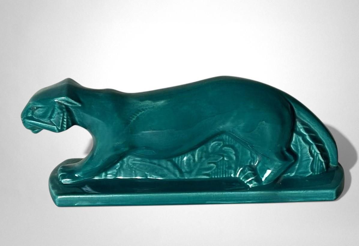 Art Deco Saint Clément Style Panther France Green Glazed Ceramic photo buy