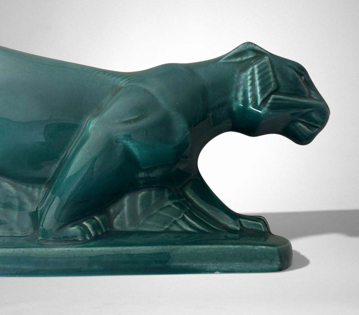 Art Art Deco Saint Clément Style Panther France Green Glazed Ceramic photo