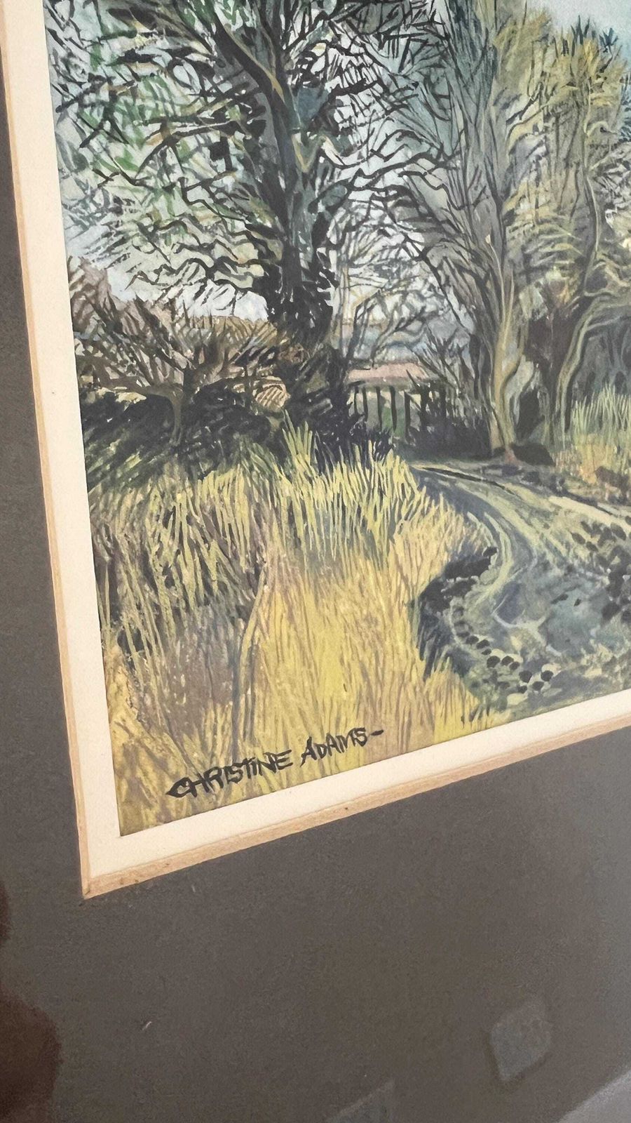 Signed Christine Adams Watercolour Picture Framed & Glazed Riverside Landscape photo for sale