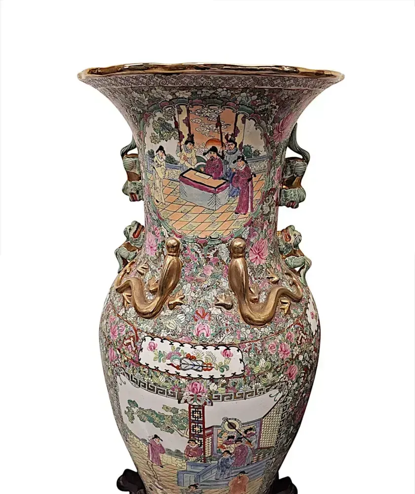 A Very Fine And Impressive Pair Of Early 20th Century Oriental Hand Painted Urns On Timber Stands photo Home Decor