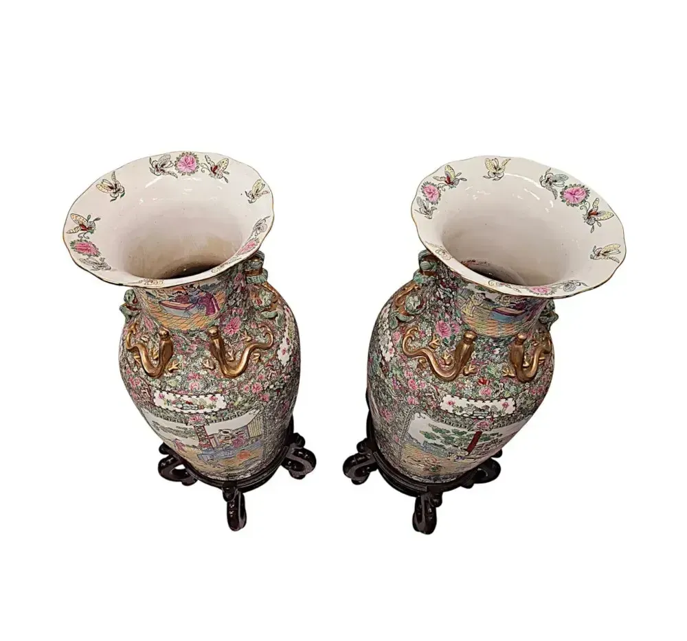 Home Decor A Very Fine And Impressive Pair Of Early 20th Century Oriental Hand Painted Urns On Timber Stands photo