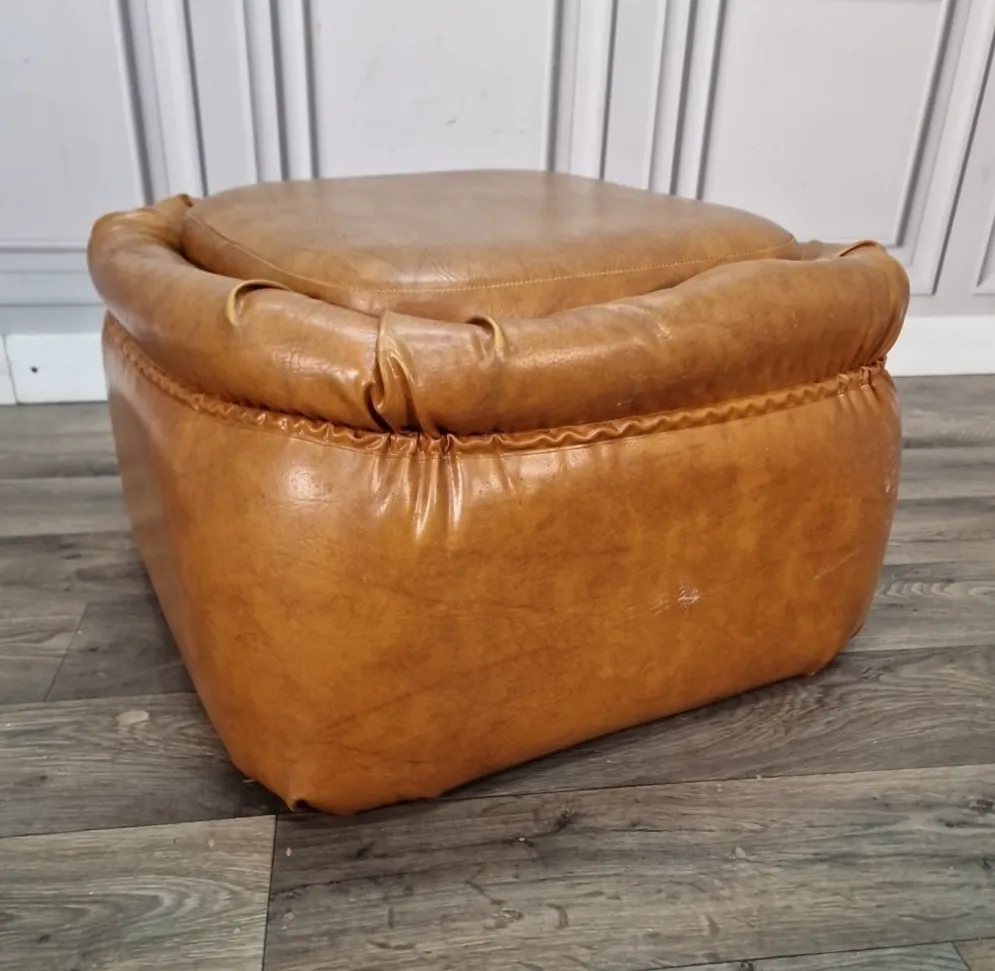 Vintage Tan Sherborne Footstool Pouffe Mid Century Foot Rest Faux Leather Vinyl photo furniture