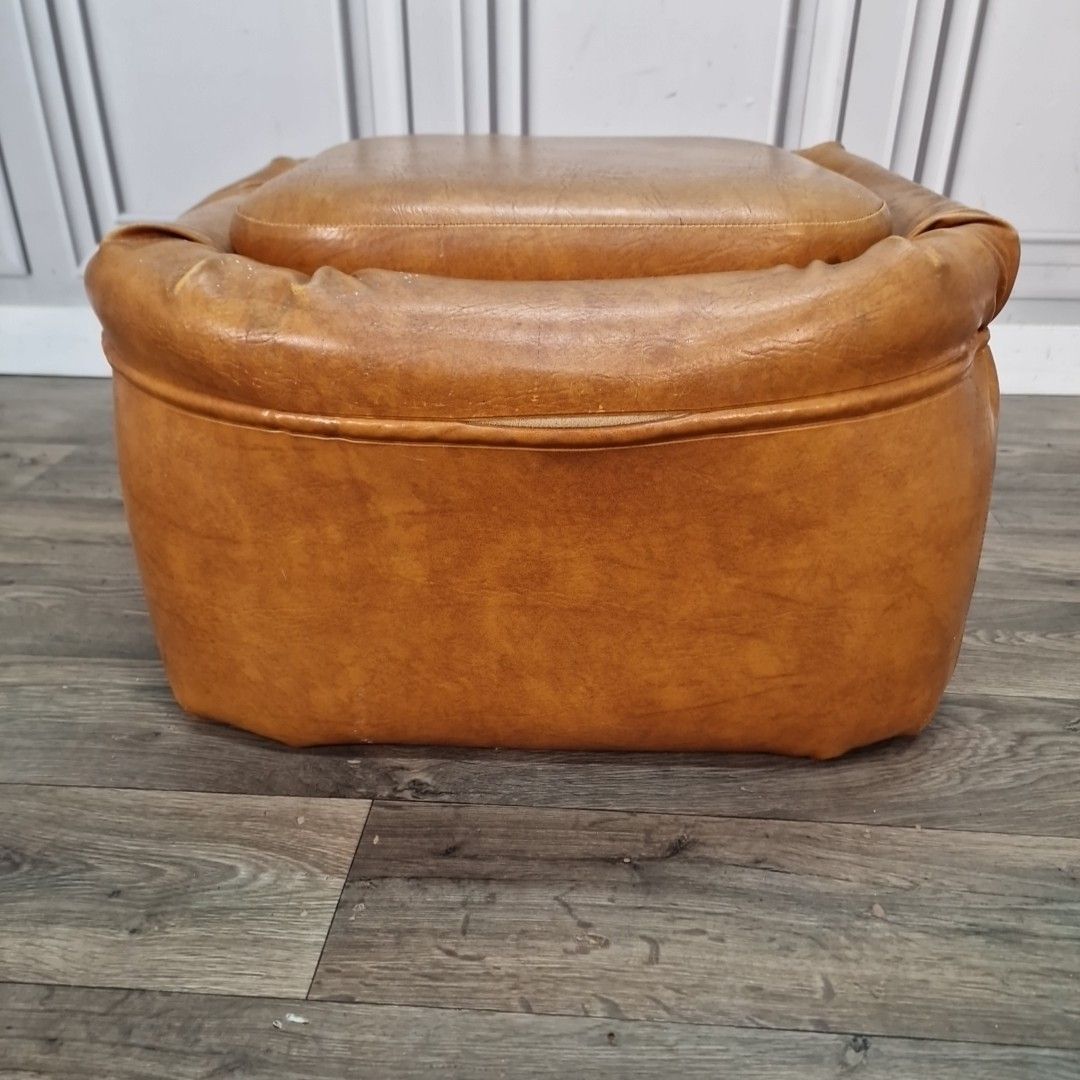 70.0 Vintage Tan Sherborne Footstool Pouffe Mid Century Foot Rest Faux Leather Vinyl photo