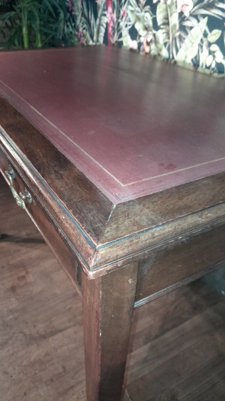 Vintage Mahogany Desk With 2 Dovetail Drawers And Red Top photo vinterior