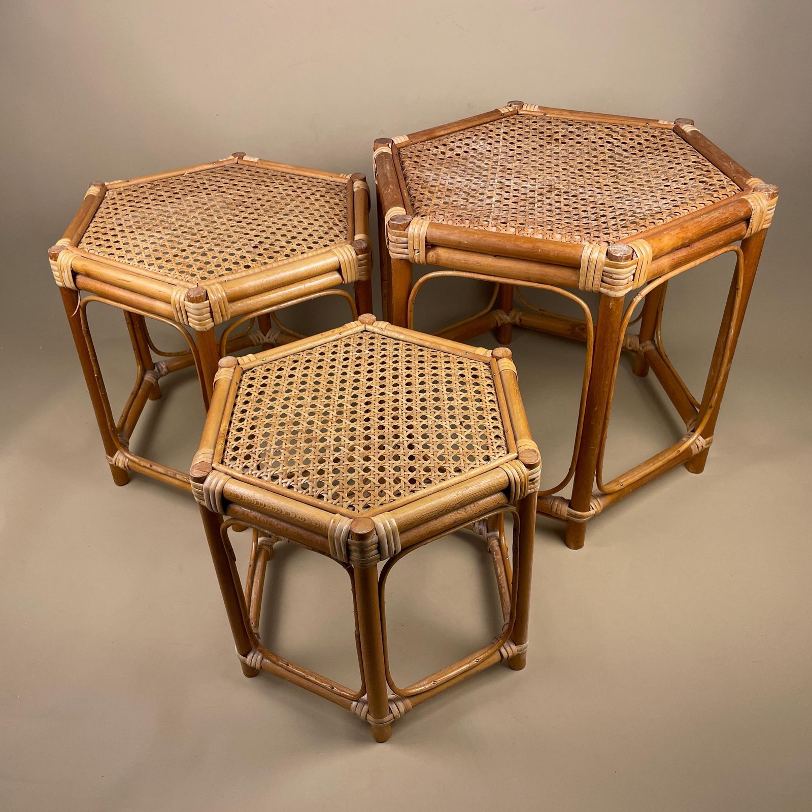Vintage Bamboo Hexagon Nesting Tables Set Of 3 Cane Top Rattan Retro Boho Rattan Side Tables Mid Century photo furniture