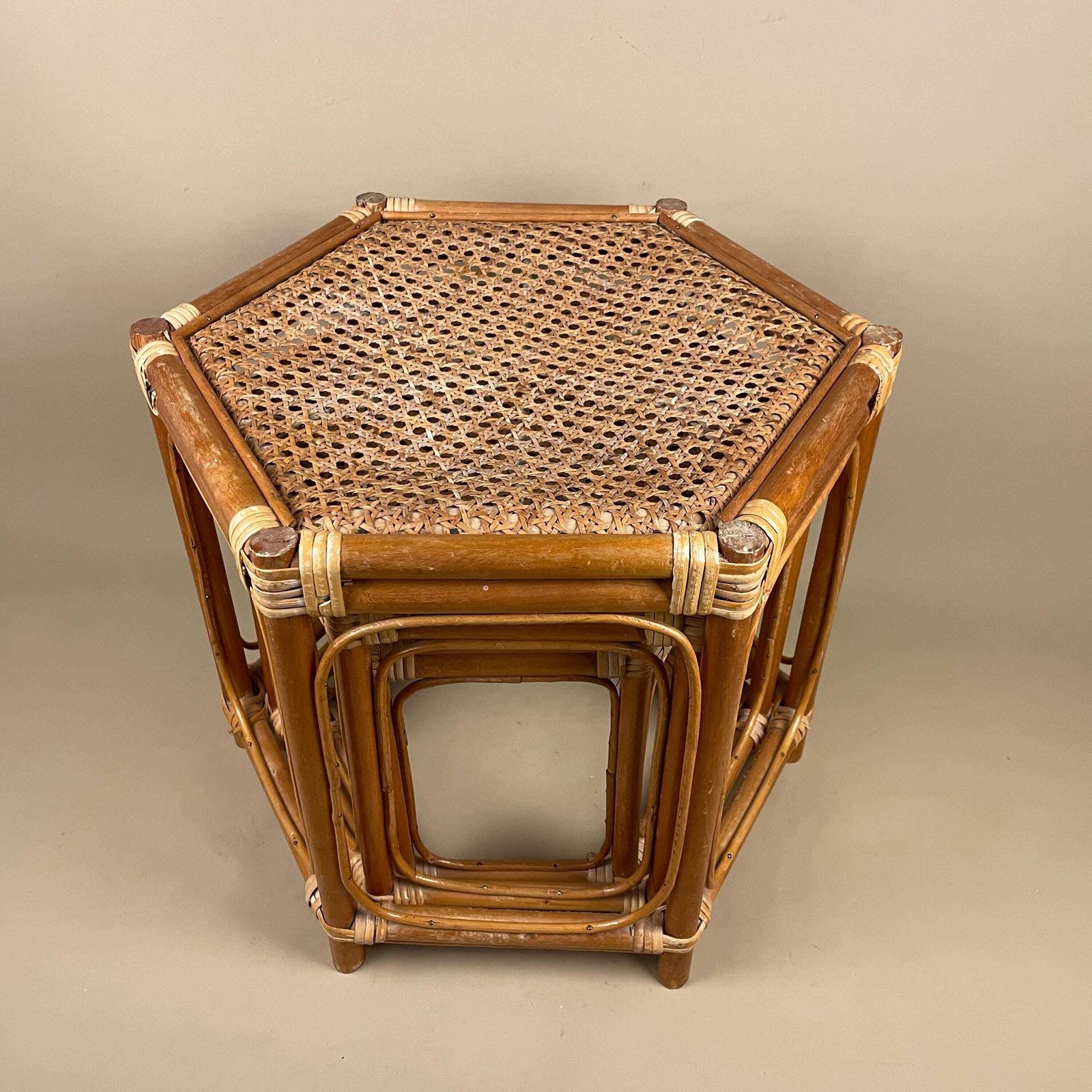 Vintage Bamboo Hexagon Nesting Tables Set Of 3 Cane Top Rattan Retro Boho Rattan Side Tables Mid Century photo Furniture