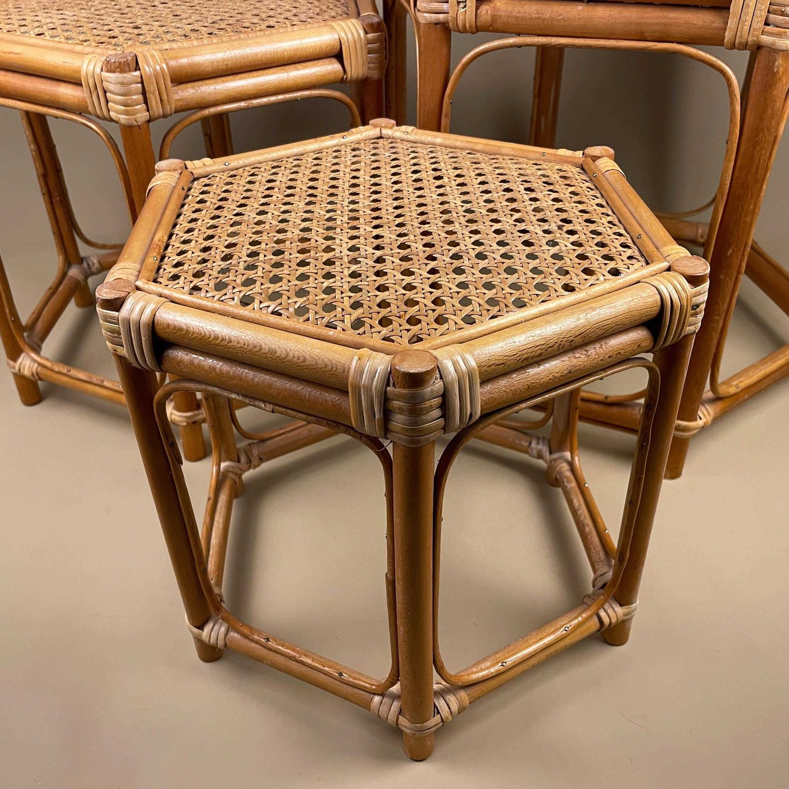 Vintage Bamboo Hexagon Nesting Tables Set Of 3 Cane Top Rattan Retro Boho Rattan Side Tables Mid Century photo buy