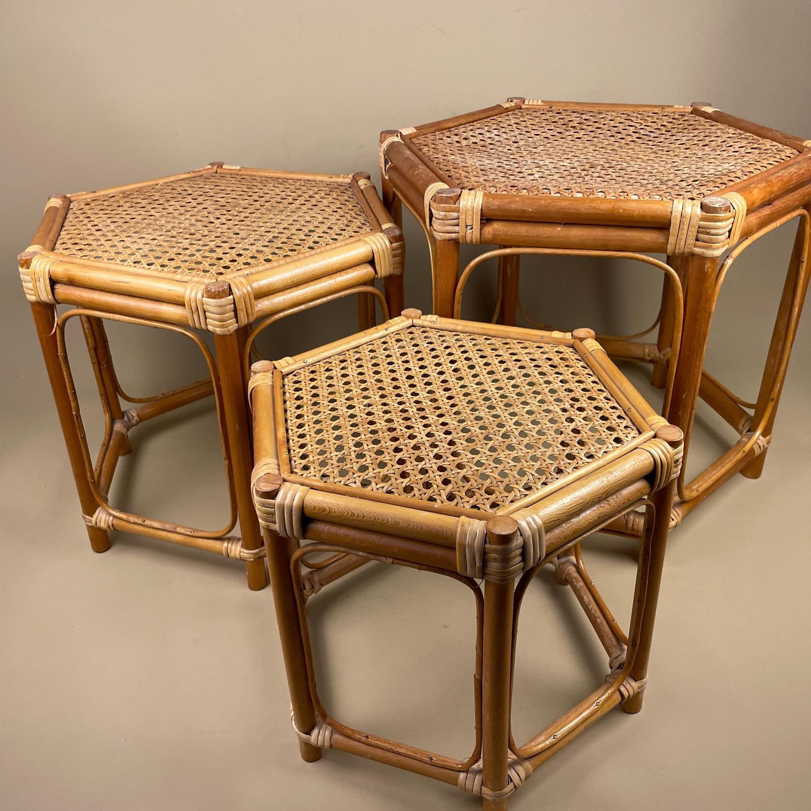 photo for sale Vintage Bamboo Hexagon Nesting Tables Set Of 3 Cane Top Rattan Retro Boho Rattan Side Tables Mid Century