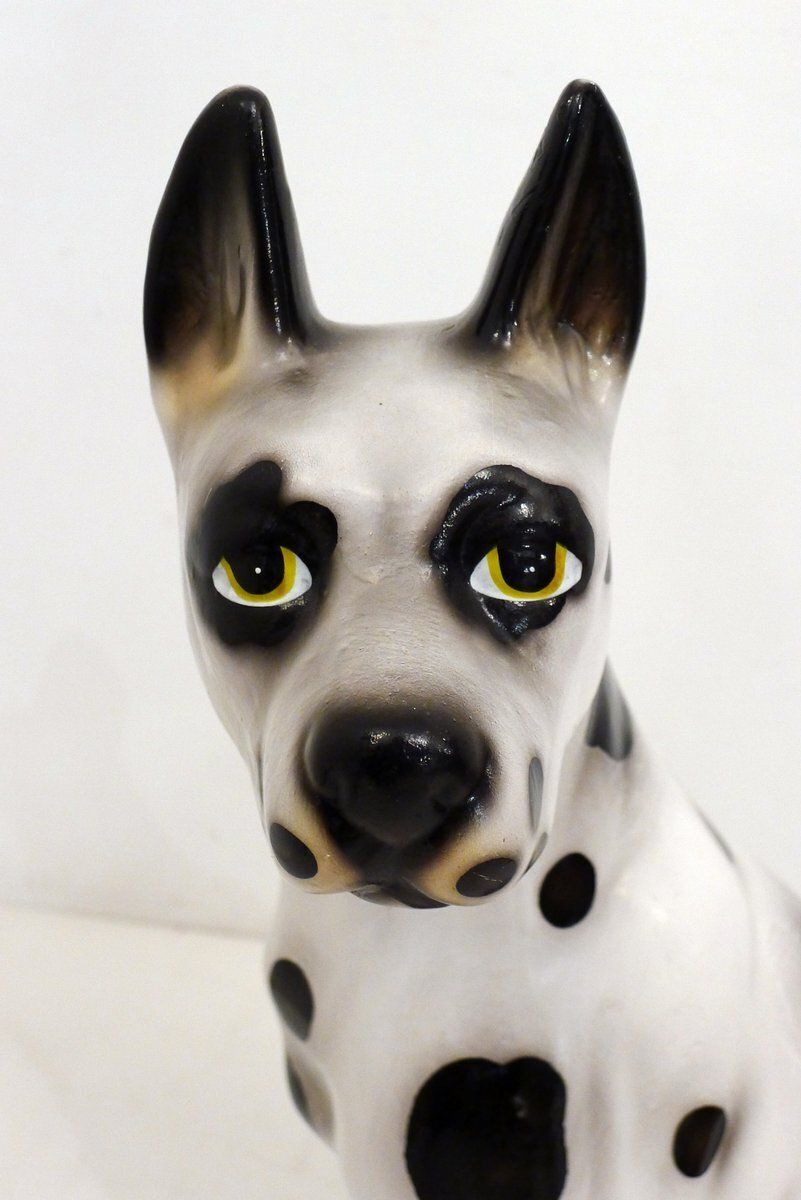 Large Ceramic Sculpture Of A Seated Black And White Dog, 1970s photo for sale