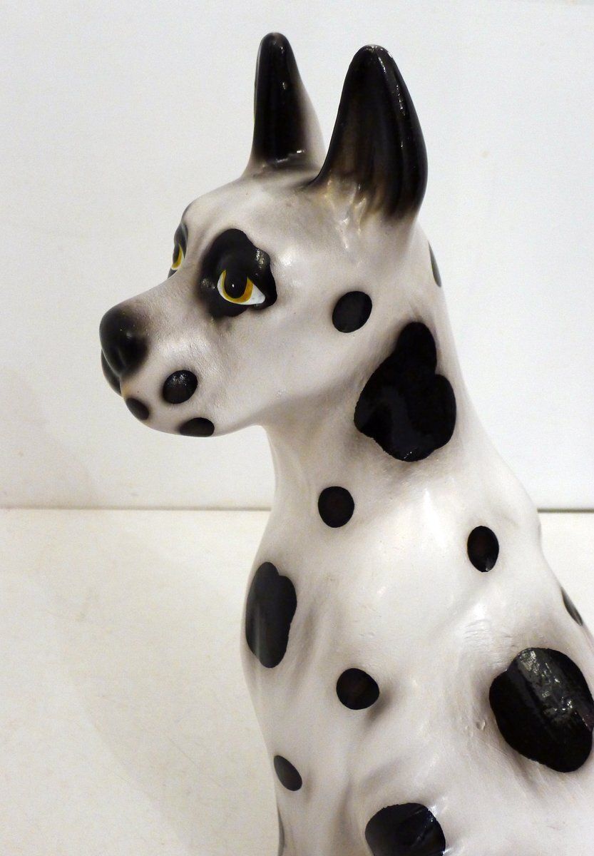 240.0 Large Ceramic Sculpture Of A Seated Black And White Dog, 1970s photo
