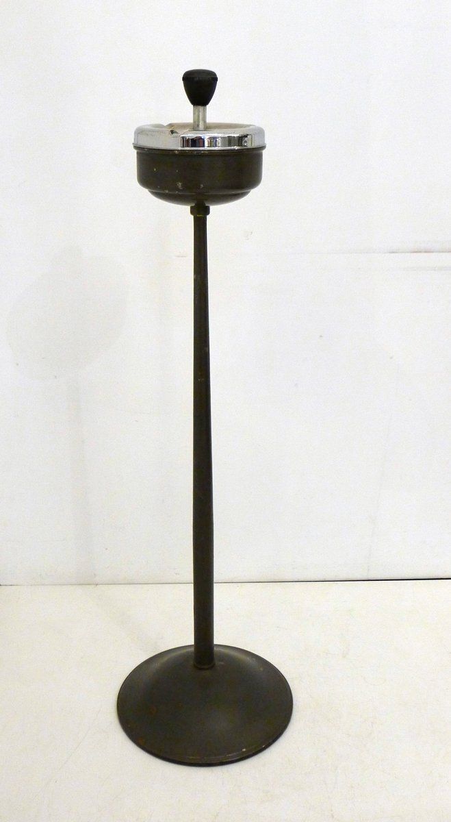 Mid Century Modern Metal Standing Ashtray With Push Button Lid, 1950s photo furniture