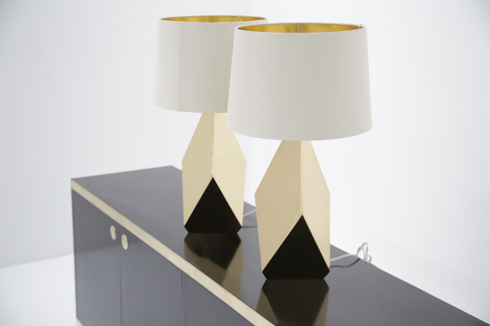 Pair Of Sculptural ‘Origami’ Polished Brass Table Lamps, USA, Mid Century Style