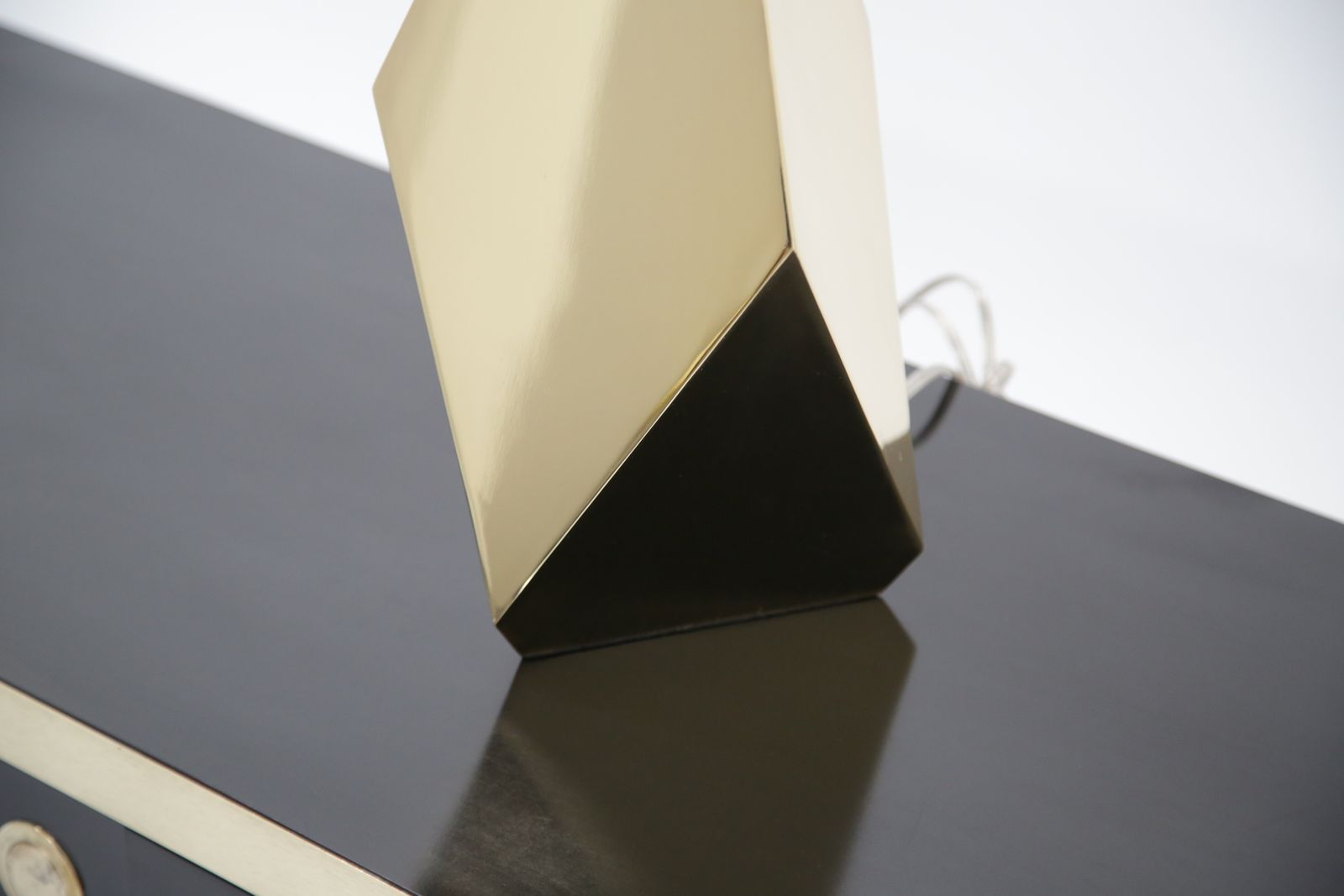 photo for sale Pair Of Sculptural ‘Origami’ Polished Brass Table Lamps, USA, Mid Century Style