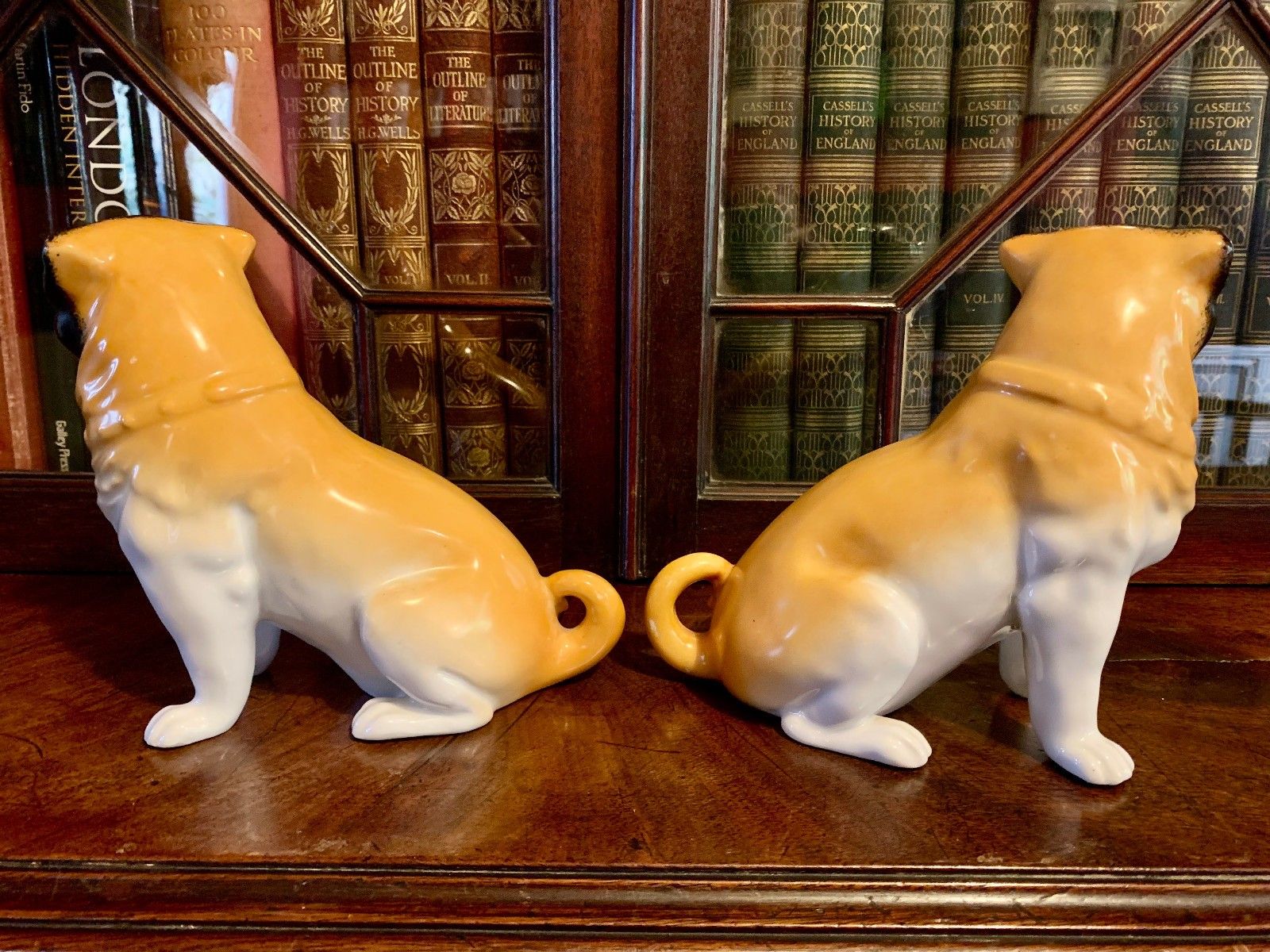 Antique Pair Of Staffordshire Style Pug Dogs Seated Figurines Fawn & Black 6.5” photo for sale