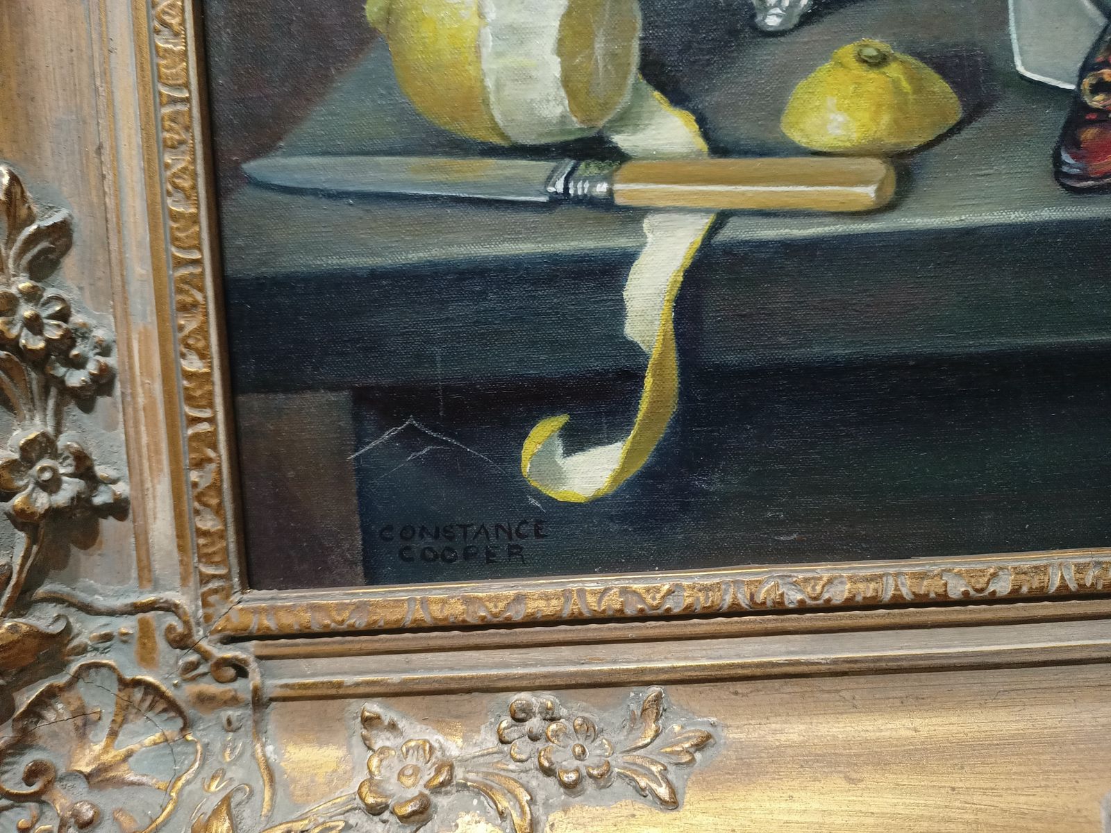 Original Oil Painting Still Life Study Mackerel Lemon And Bread, British Artist Constance M Cooper. photo vintage