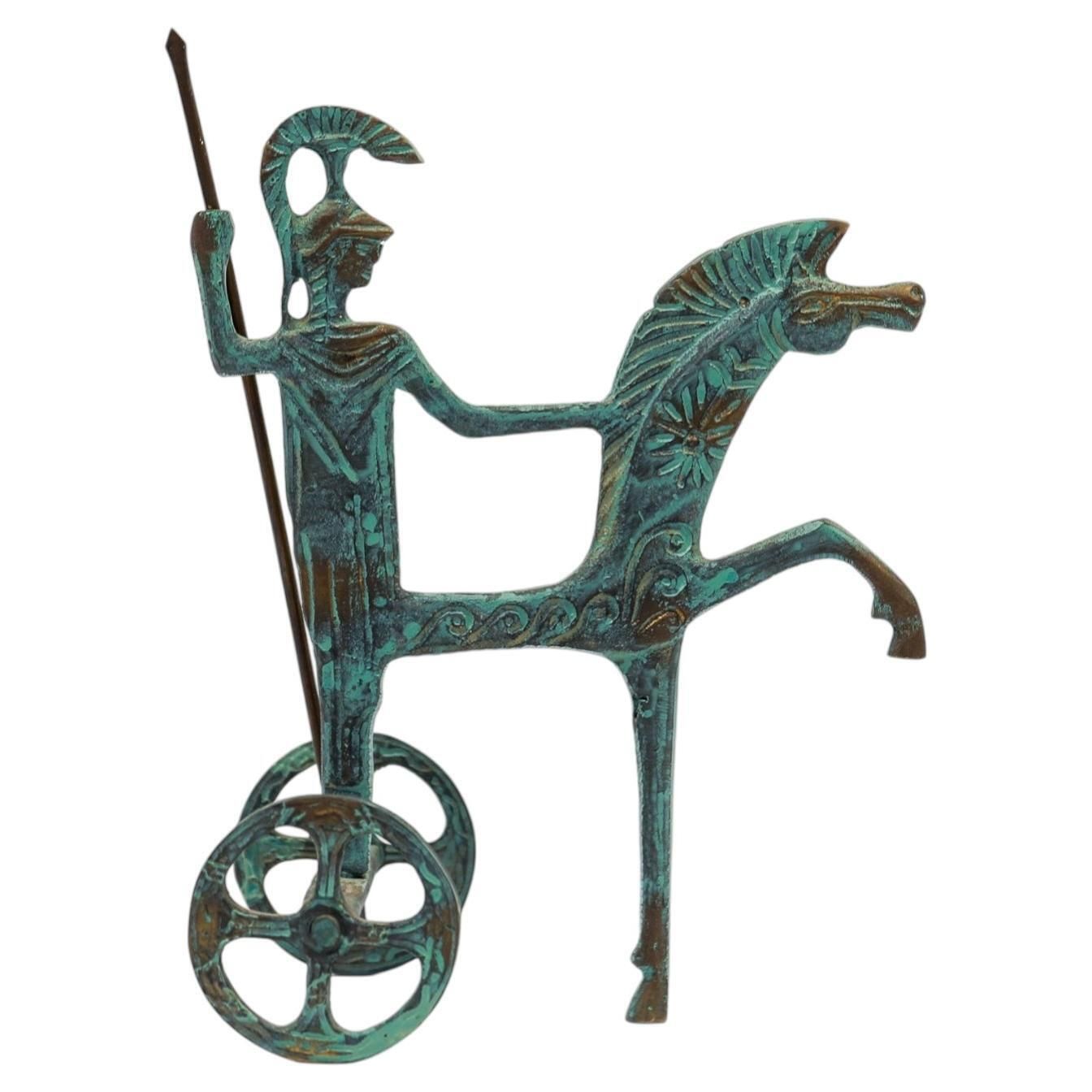 Bronze Sculpture Athena Minerva With Spear On Chariot, 1960s Mid Century Modern