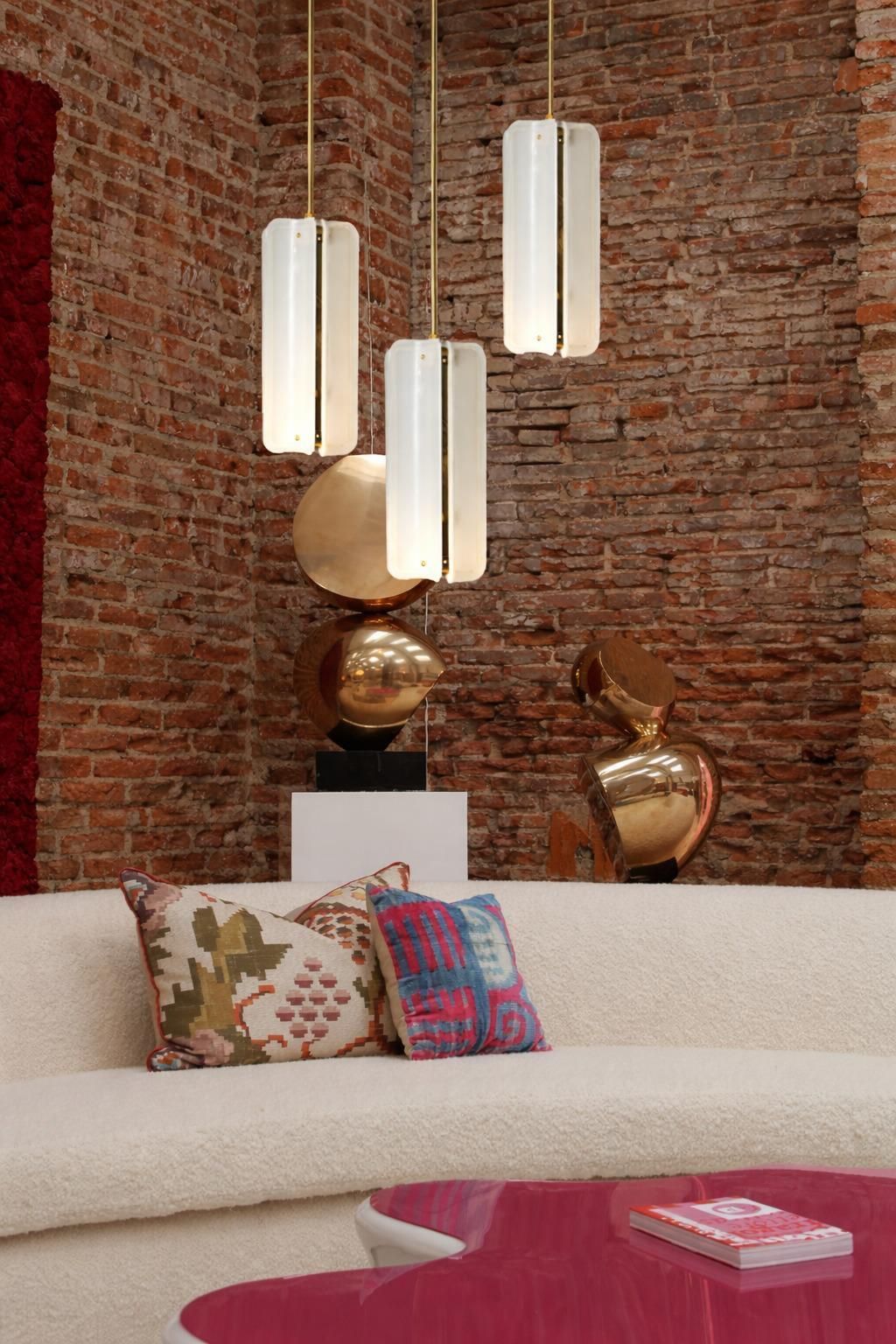 Mid Century Modern Style White Murano Glass And Brass Italian Pendant Lamp photo vintage
