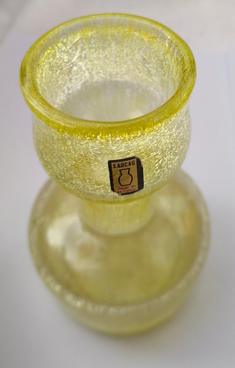 Hungarian Yellow Spiderweb Glass Vase From Karcag Glashütte, 1970s photo for sale