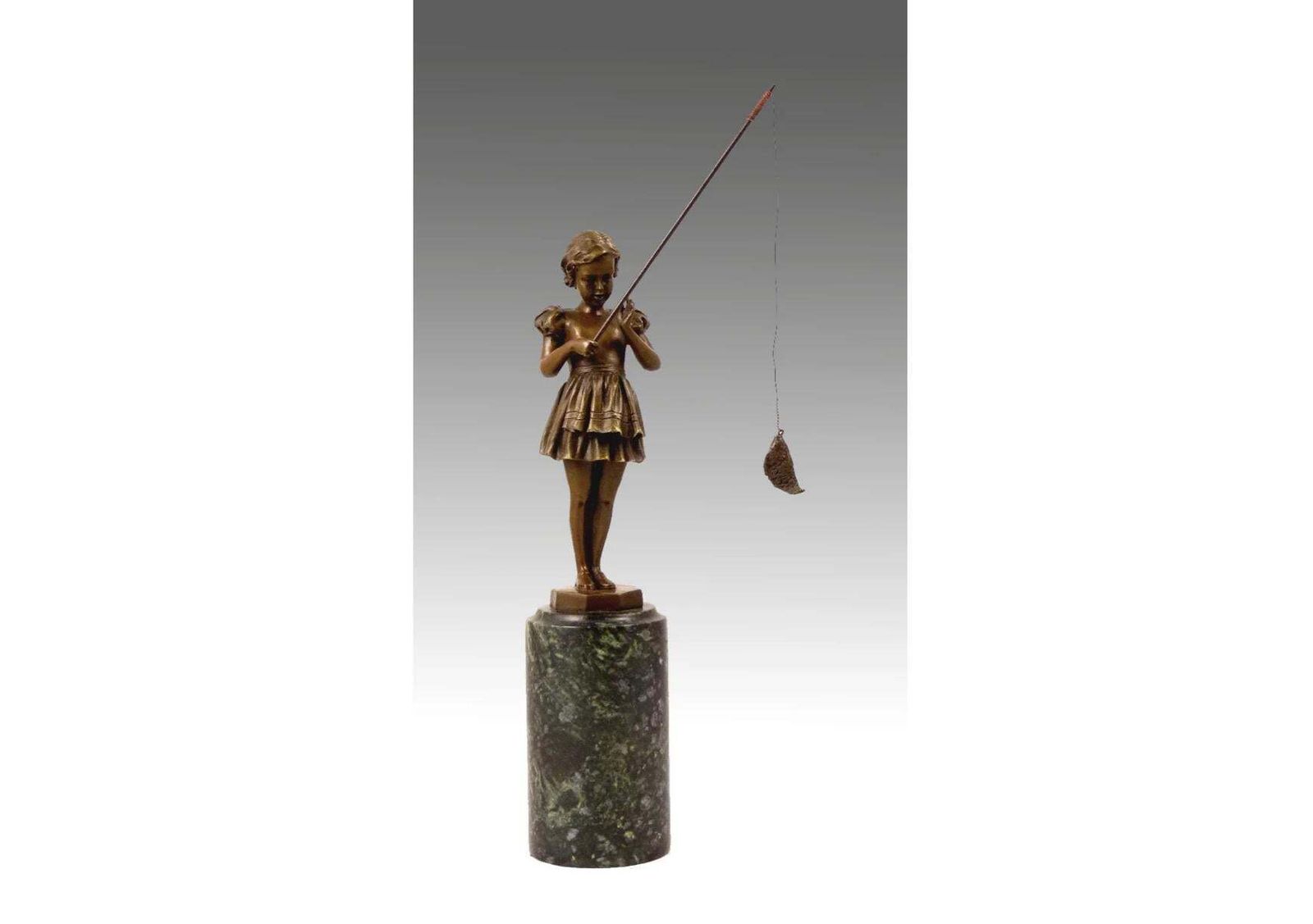 Sculpture Girl With Fishing Rod In Bronze, Art Deco Style, 20th Century photo for sale
