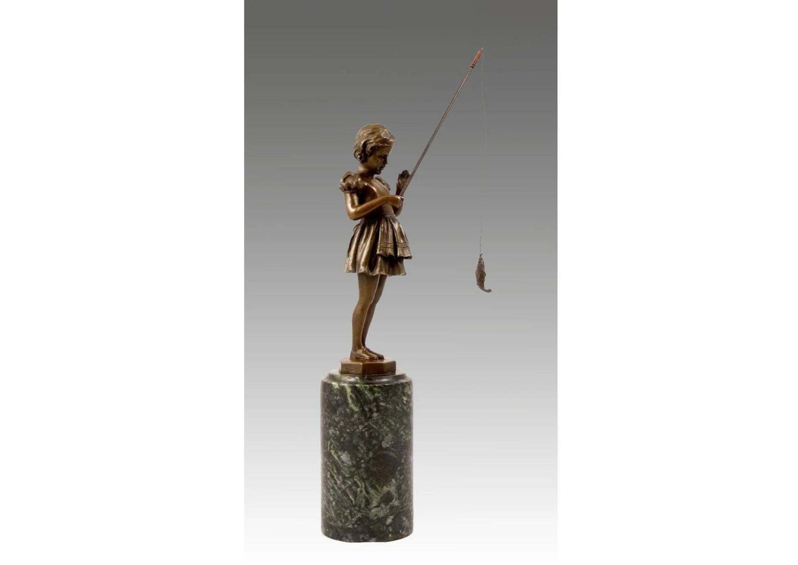 Sculpture Girl With Fishing Rod In Bronze, Art Deco Style, 20th Century photo Art