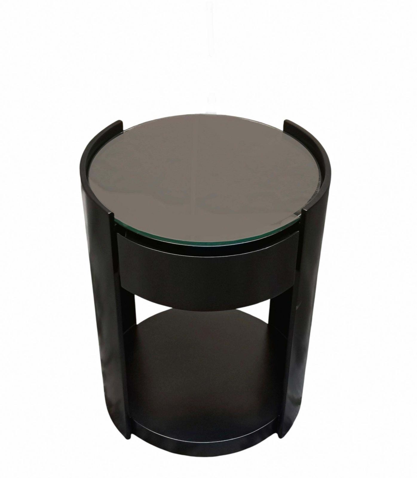 Cylindrical Wooden Bedside Table With Wheels And Drawer, Italy 1970s photo vinterior