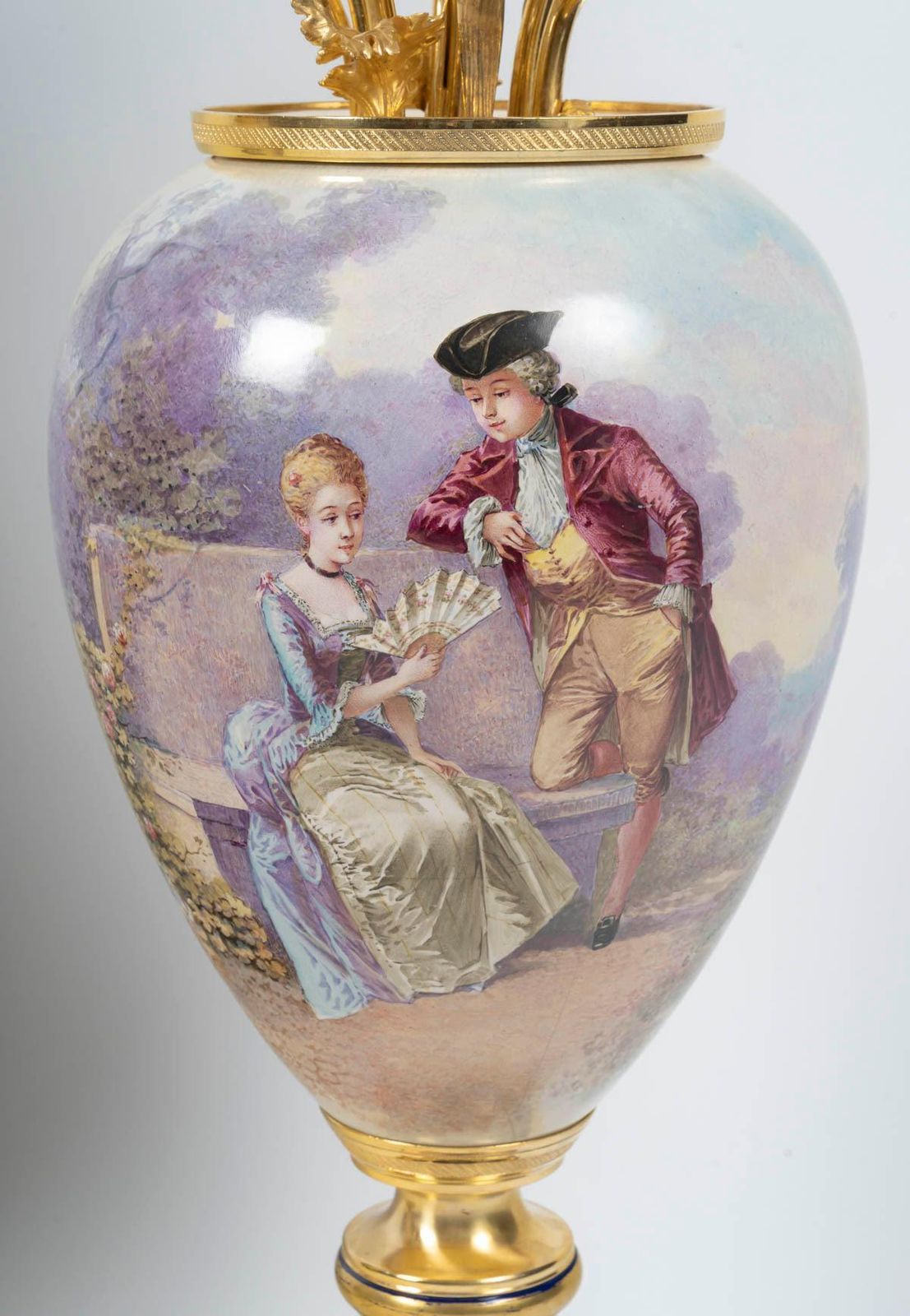 Pair Of Large Porcelain Vases Surmounted By Gilt Bronze Bouquets, 19th Century. photo Home Decor